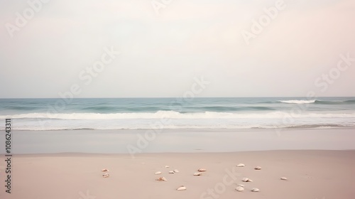 Seashells scattered on a tranquil beach shore