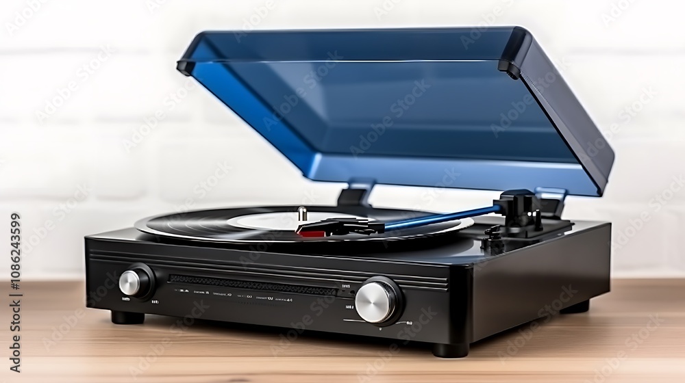 Obraz premium Black Turntable Playing Vinyl Record With Dust Cover Open