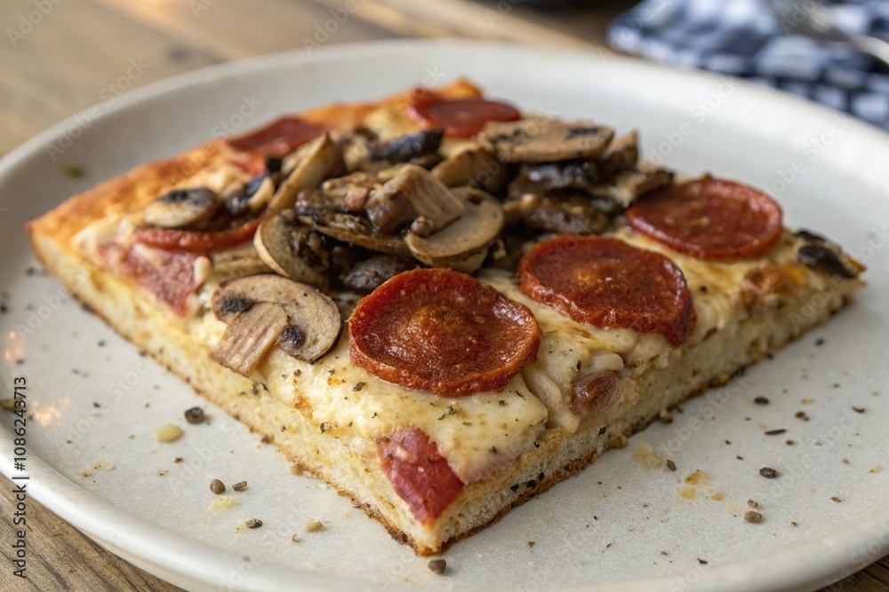 A square slice of pizza with a tall pile of saut?ed mushrooms and sliced pepperoni standing upright in the center of a plate, vertical food, culinary delight A square slice of pizza with a tall pile of saut?ed mushrooms and sliced pepperoni standing upright in the center of a plate, vertical food, culinary delight