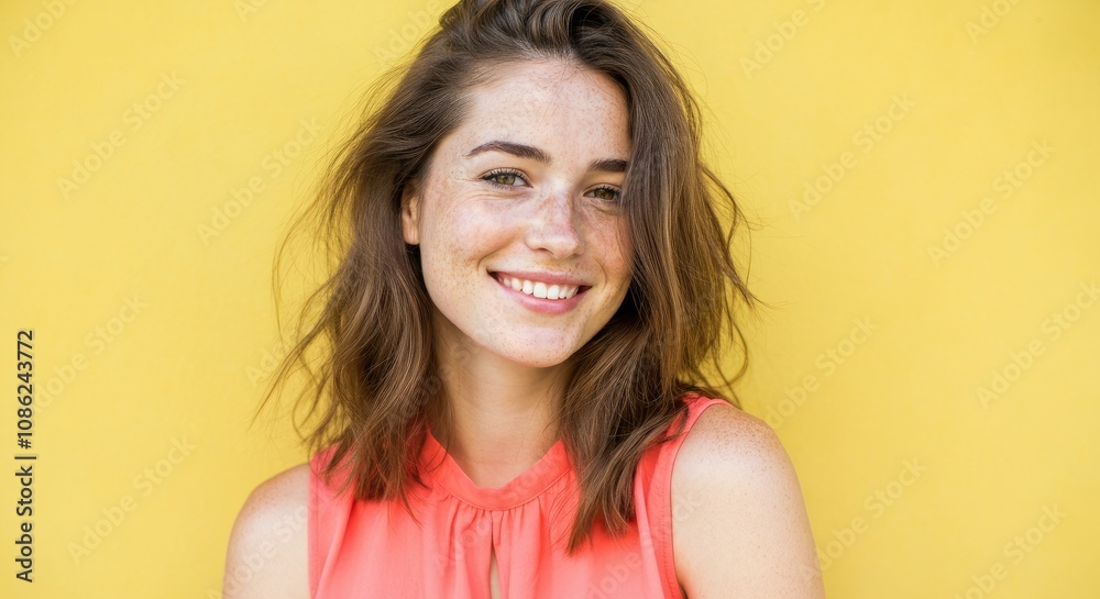 Smiling Caucasian woman with brown hair, wearing coral top, in front of yellow background Smiling Caucasian woman with brown hair, wearing coral top, in front of yellow background