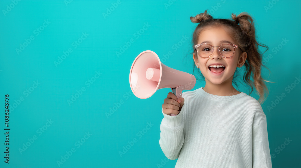 Joyful child with megaphone against a vibrant turquoise background