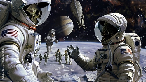 Astronaut in space taking part in an intergalactic diplomatic meeting with spacefarers and space tourists engaging in discussions with representatives from alien civilizations photo