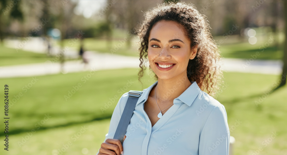 Naklejka premium Smiling young Latina woman in park, wearing light blue shirt, carrying backpack