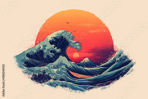 Great Wave Sunset Mountain Artistic Render