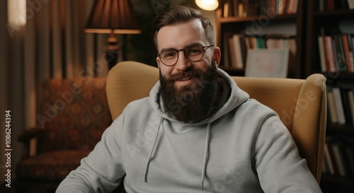 Bearded man with glasses smiling while sitting in cozy room bookshelves and lamp