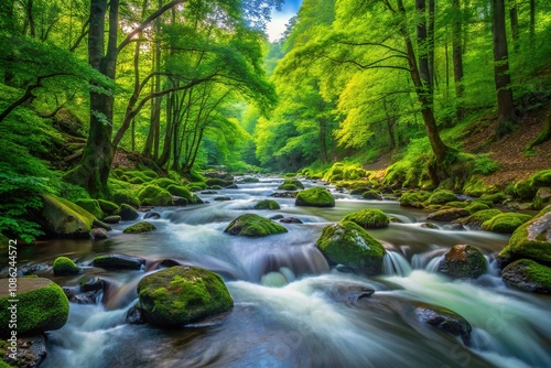 Verdant River Through Lush Forest - AI Photo