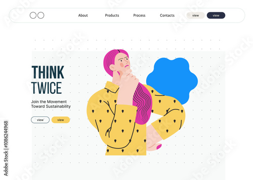 Thinking people, modern flat vector concept illustration- woman standing thoughtfully, looking upwards, bubble near head Metaphor for reflection, analysis, introspection, contemplation, deep thought