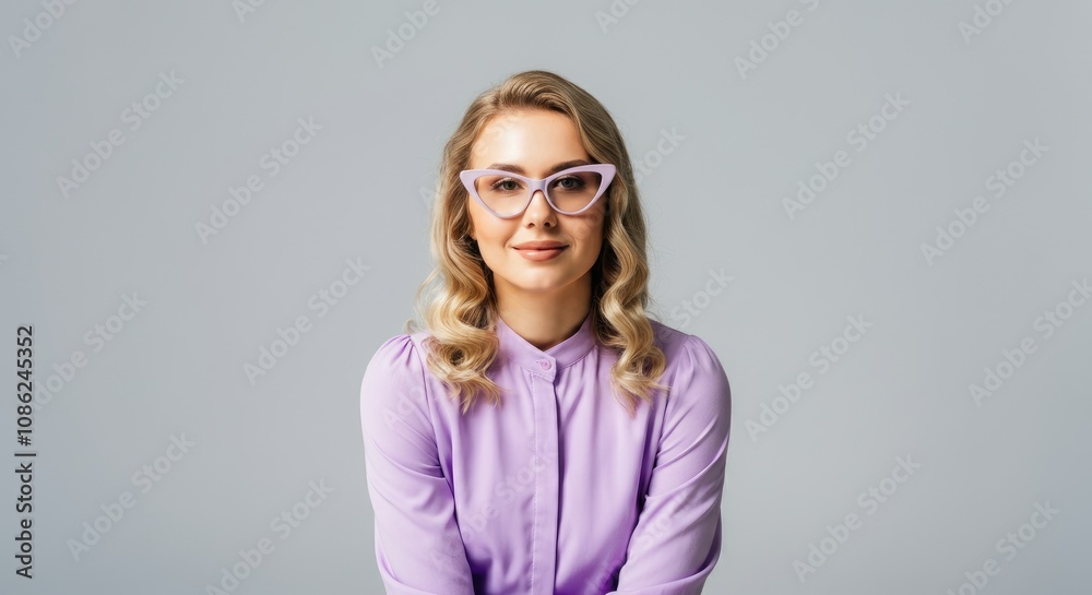 Blonde woman with glasses in purple blouse, smiling Blonde woman with glasses in purple blouse, smiling