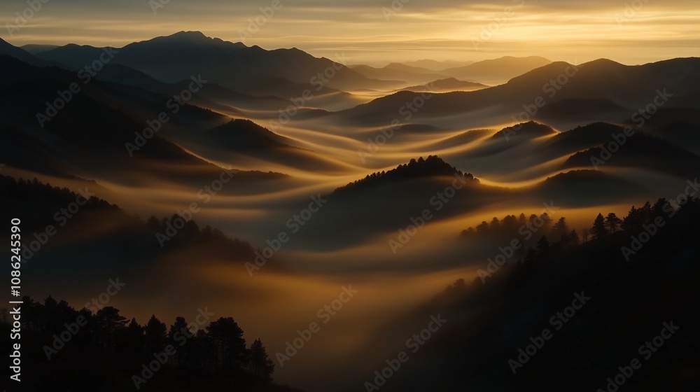 Fototapeta premium Golden Sunrise Over Misty Mountains Scenic Landscape Photography