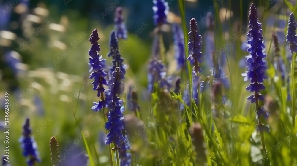Fototapeta premium Blue Flowers Blooming In Sunny Meadow