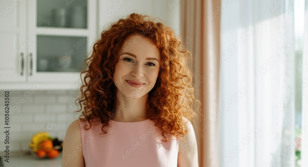 Smiling woman with curly red hair stands in bright kitchen Smiling woman with curly red hair stands in bright kitchen