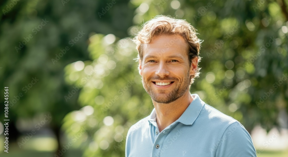 Caucasian male smiling outdoors with trees in background, wearing blue polo Caucasian male smiling outdoors with trees in background, wearing blue polo