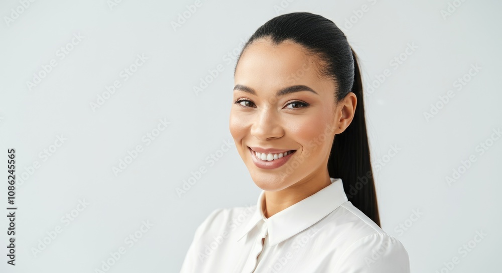 African American woman smiling, wearing white blouse, with ponytail African American woman smiling, wearing white blouse, with ponytail