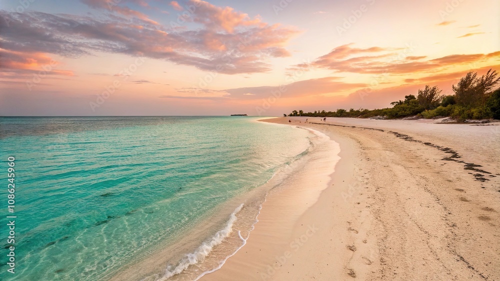 Clear turquoise sea on a warm sandy beach at sunrise, sunrise, beach Clear turquoise sea on a warm sandy beach at sunrise, sunrise, beach