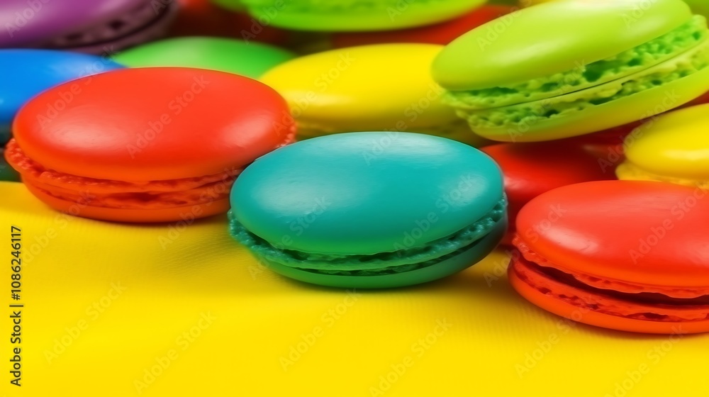 Colorful Macarons Arranged On A Yellow Background Colorful Macarons Arranged On A Yellow Background