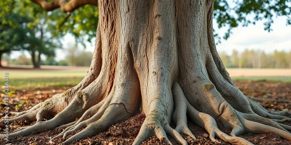 Close-up of single big oak tree's trunk and roots growing out of the ground, roots, rustic charm, landscape Close-up of single big oak tree's trunk and roots growing out of the ground, roots, rustic charm, landscape