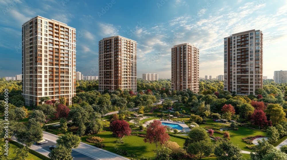 Modern residential buildings surrounded by landscaped greenery. Modern residential buildings surrounded by landscaped greenery.