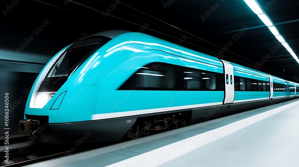 Modern Blue High Speed Train In A Subway Tunnel Modern Blue High Speed Train In A Subway Tunnel