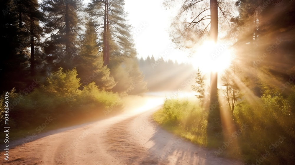 Sunlit Forest Path Morning Mist Golden Rays