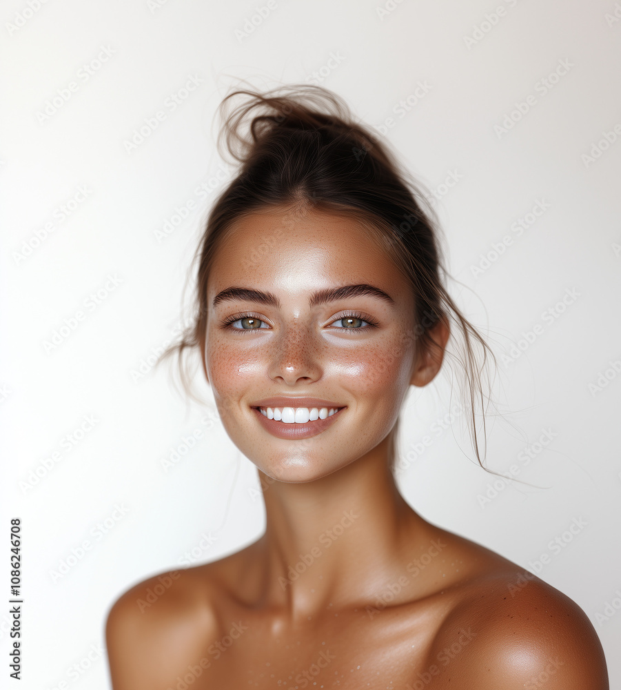 glowing skin 20s young model woman tan thick eyebrows plain background close up makeup foundation tinted moisturiser fresh aesthetic smiling teeth bronzer glowing skin 20s young model woman tan thick eyebrows plain background close up makeup foundation tinted moisturiser fresh aesthetic smiling teeth bronzer