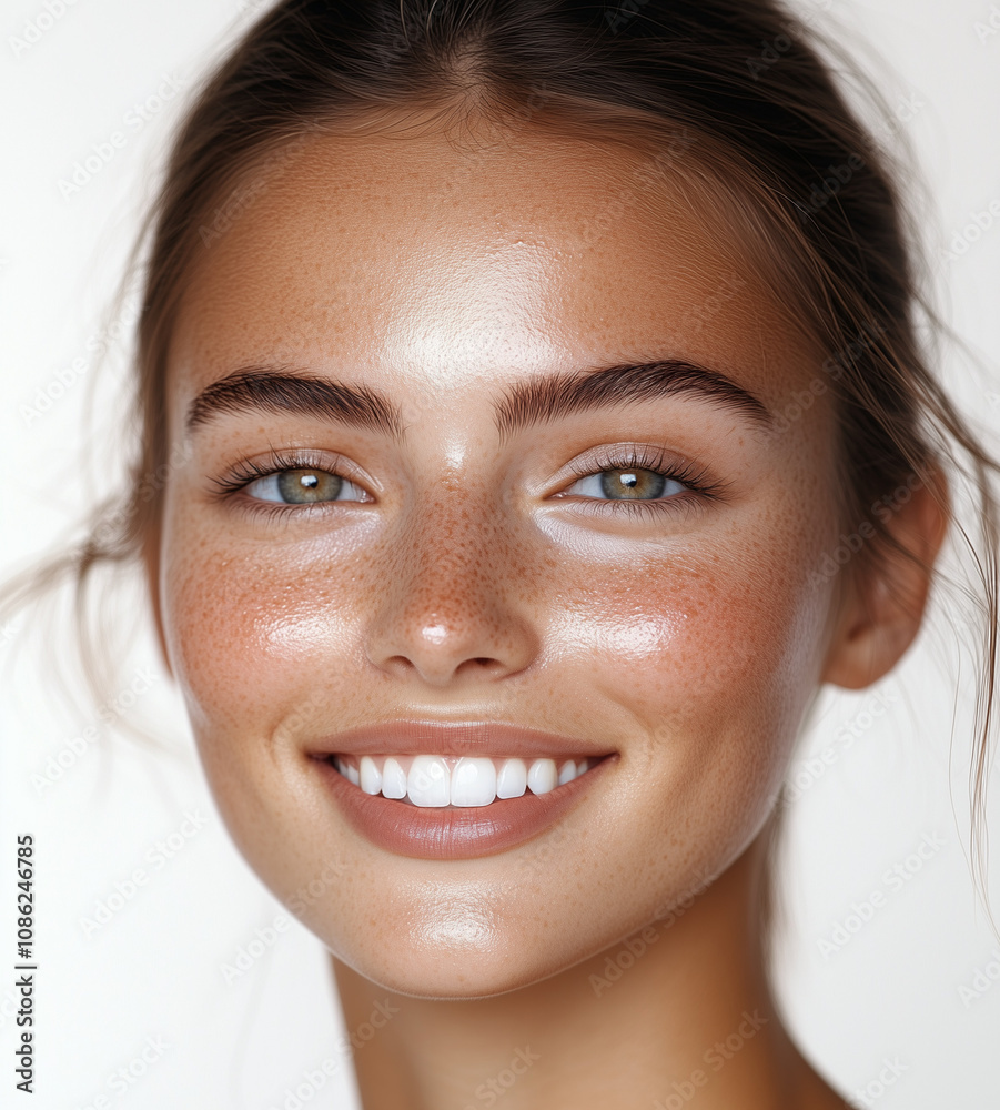 glowing skin 20s young model woman tan thick eyebrows plain background close up makeup foundation tinted moisturiser fresh aesthetic  smiling teeth bronzer 