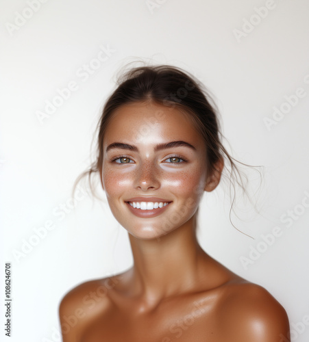 glowing skin 20s young model woman tan thick eyebrows plain background close up makeup foundation tinted moisturiser fresh aesthetic  smiling teeth bronzer 