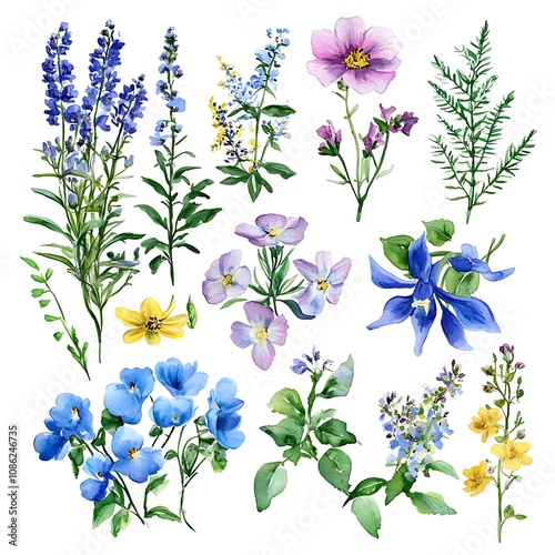 Watercolor Illustration of Various Wildflowers and Foliage