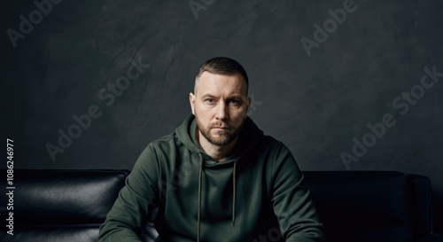 Serious Caucasian man with short hair sitting on dark couch in moody setting