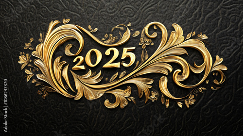 "2025" in classic calligraphy style with delicate gold decorations.