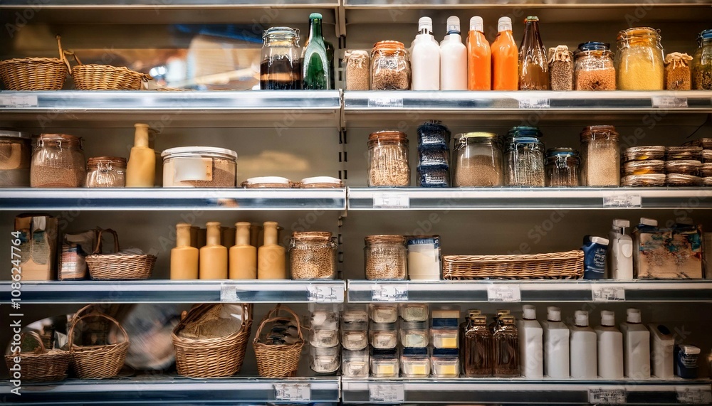 Retail store shelf with various products, symbolizing commerce, sales, and inventory. Retail store shelf with various products, symbolizing commerce, sales, and inventory.