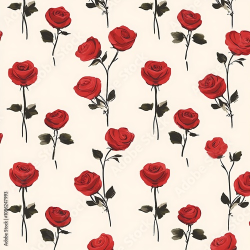 Watercolor Red Rose Floral Seamless Pattern