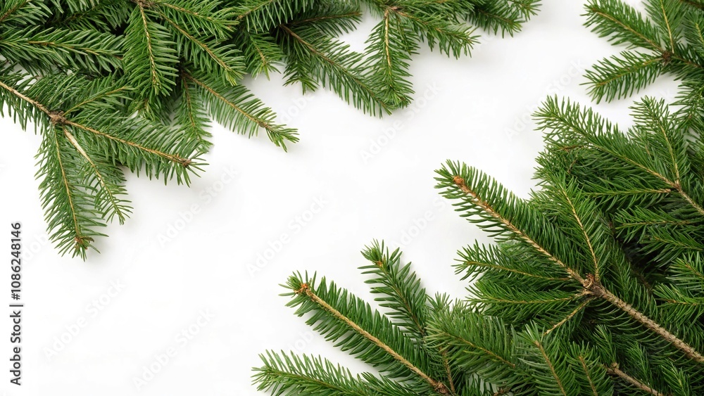 Obraz premium Dense fir branches with green needles scattered on a white background, Christmas ambiance, spruce branches