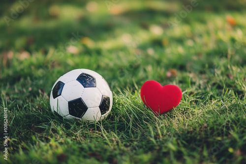 Soccer Ball and Red Heart on Grass Love of the Game