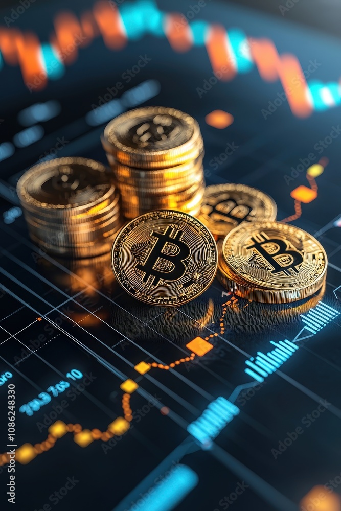 Bitcoin Coins on Stock Market Graph Background Bitcoin Coins on Stock Market Graph Background