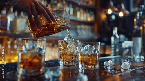 Bartender pours alcoholic drink into glass with ice cubes on bar counter, AI generated image