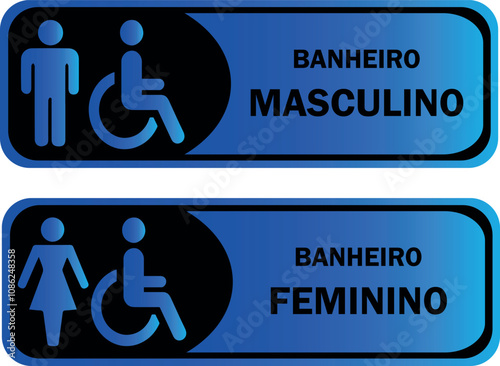 Placas para Banheiro Retangular, Masculino e Feminino. Nas Cores Preta e Azul Gradiente.