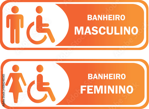 Placas para Banheiro Retangular, Masculino e Feminino. Nas Cores Branca e Laranja Gradiente.