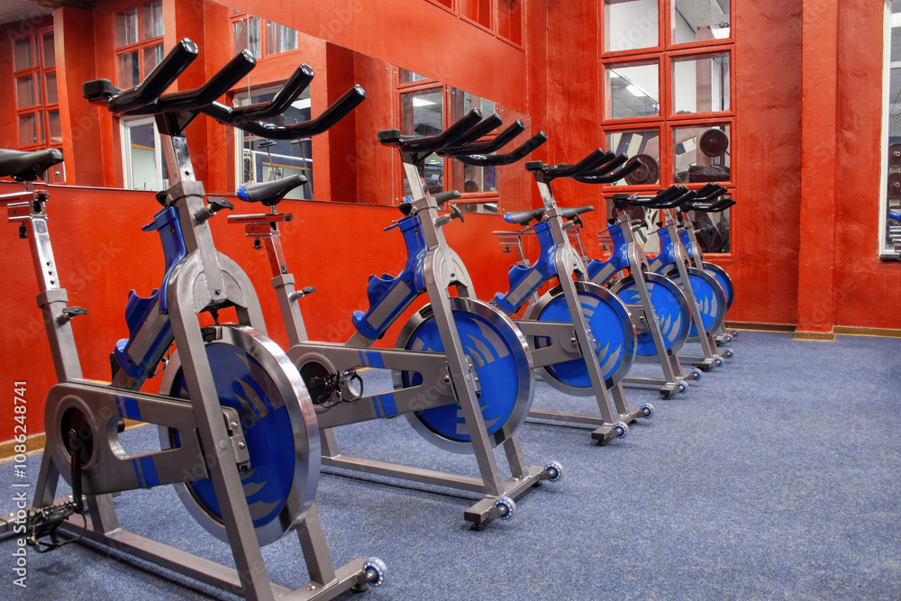 Obraz premium spinning medical sport bike, spinning class studio bikes, empty, no people