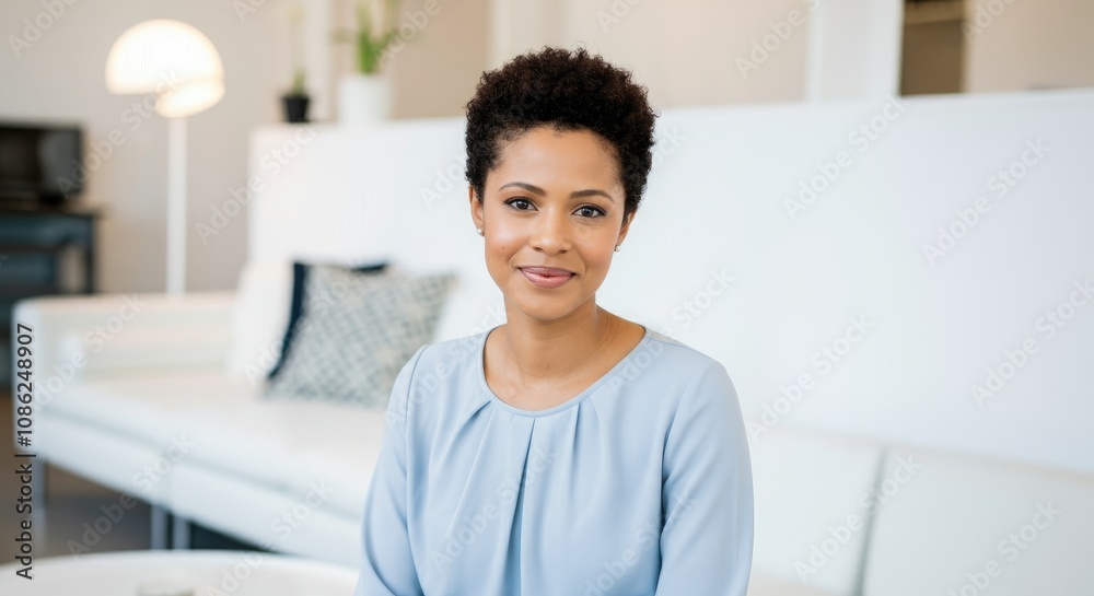 Smiling African American woman in blue blouse sitting bright, modern living room Smiling African American woman in blue blouse sitting bright, modern living room