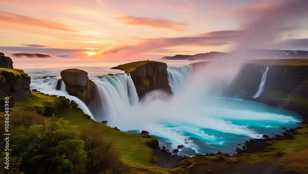 Fototapeta premium At sunset, the majestic Seljalandsfoss waterfall cascades down rocky cliffs, creating a breathtaking display of flowing water and vibrant colors against the Icelandic backdrop.