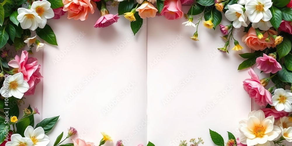 Empty page is framed by a lush floral arrangement, peaceful ambiance, delicate design Empty page is framed by a lush floral arrangement, peaceful ambiance, delicate design