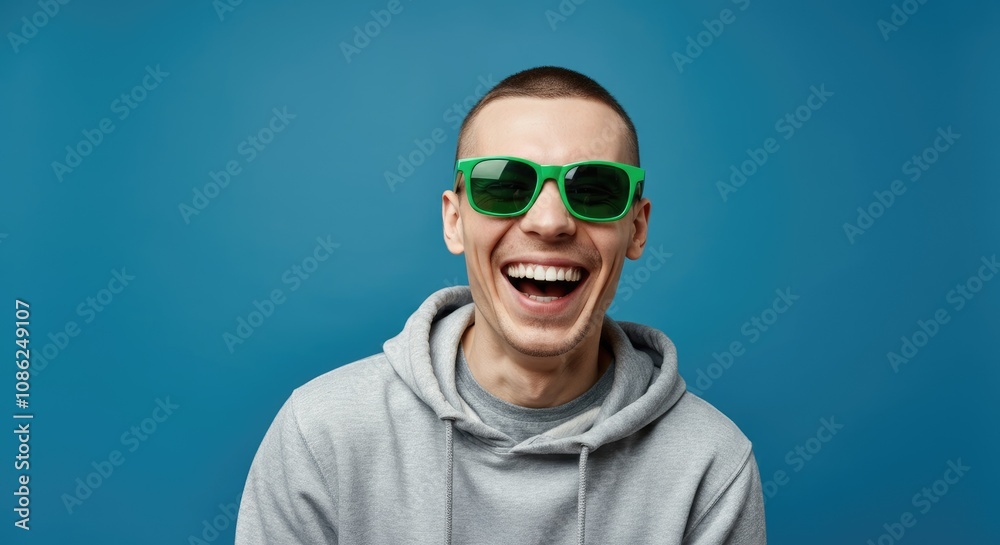 Young Caucasian man with green sunglasses laughing against blue background Young Caucasian man with green sunglasses laughing against blue background
