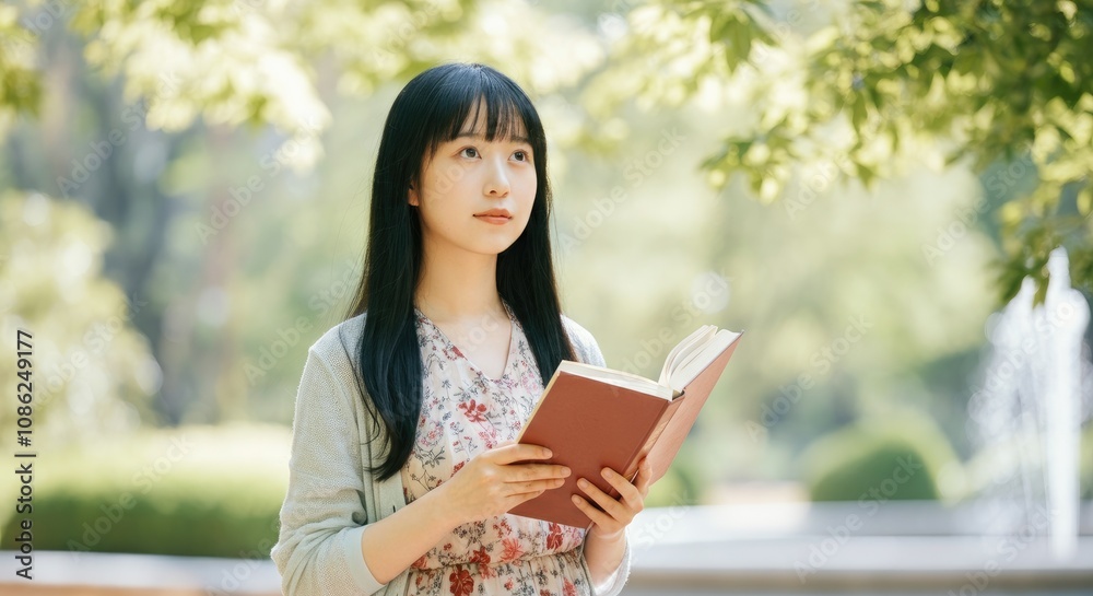 Asian woman reading book outdoors in park, surrounded by greenery and sunlight Asian woman reading book outdoors in park, surrounded by greenery and sunlight