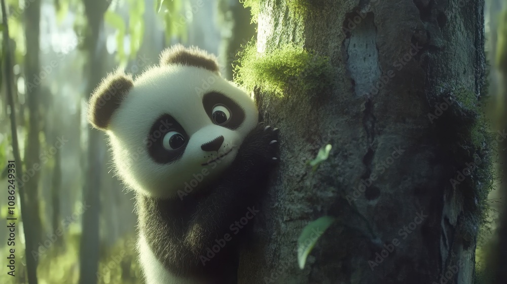 Obraz premium Curious Panda Cub Clinging to Tree in Forest