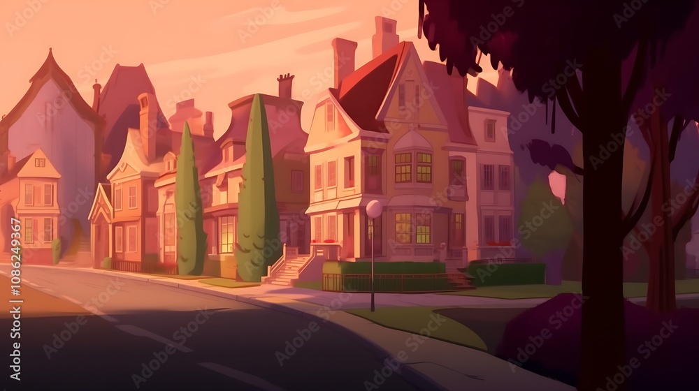 Sunset Suburban Street Houses Evening Residential Scene Sunset Suburban Street Houses Evening Residential Scene