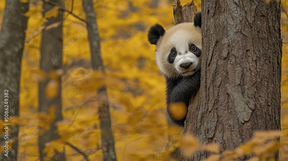 Fototapeta premium Curious Panda Cub Peeking from Behind a Tree