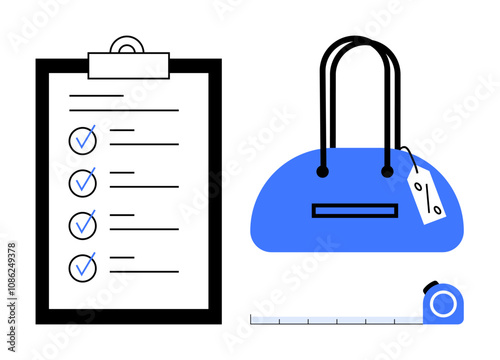 Checklist with blue checkmarks, blue handbag with price tag, and measuring tape. Ideal for retail, shopping, planning, organization, fashion inventory and list-making themes. Line metaphor