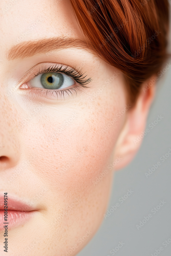 Naklejka premium Close up Woman s Eye Freckles Red Hair Beauty Skincare Cosmetics Face Portrait Detail Skin Texture
