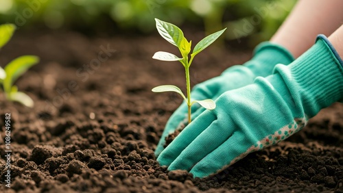 A hand in a teal glove planting a young seedling in rich soil.