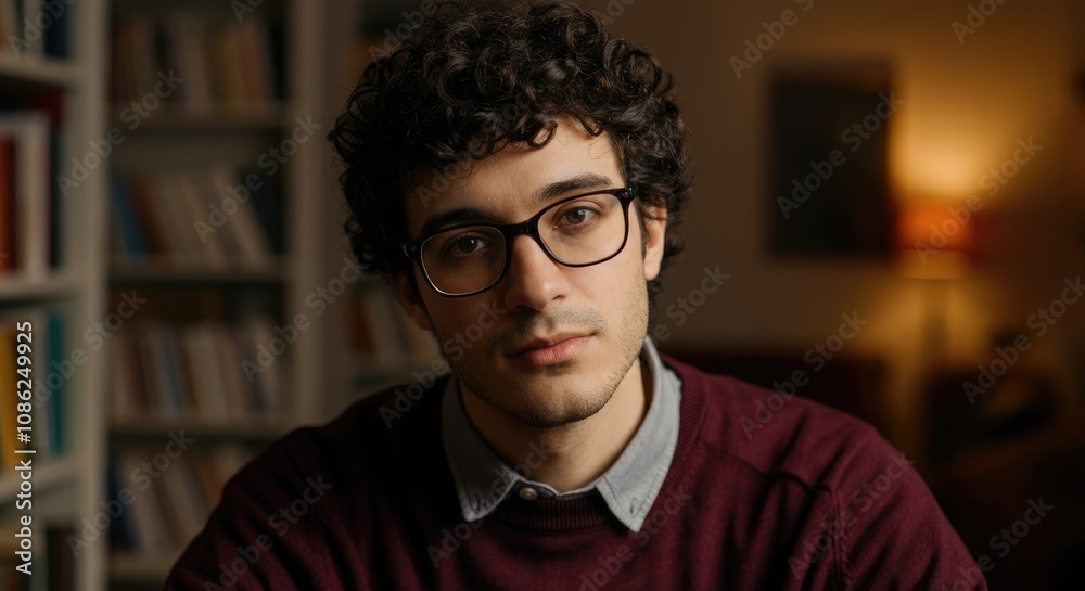 Young man with curly hair and glasses in cozy room, bookshelf background Young man with curly hair and glasses in cozy room, bookshelf background